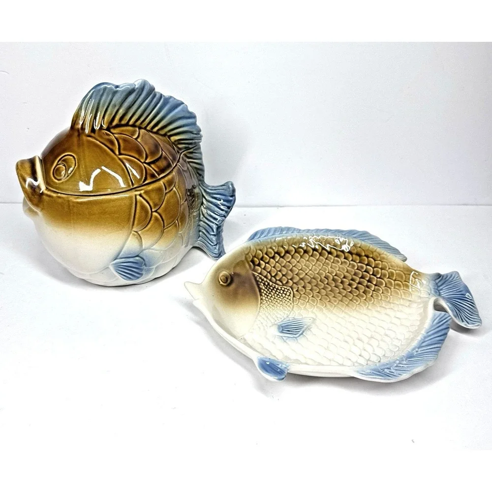 Vintage Fish‎ Shaped Sugar Bowl Lid Plate Set Ceramic Japan Style Kitchen